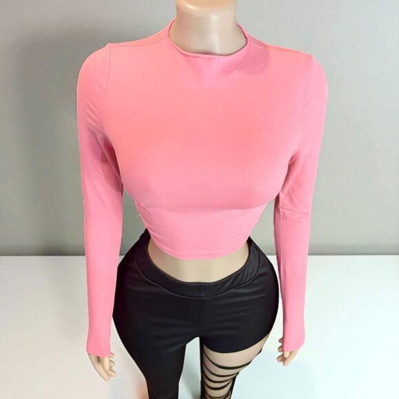 Pink Open Back Long Sleeve Cropped Top - Picture 4 of 6